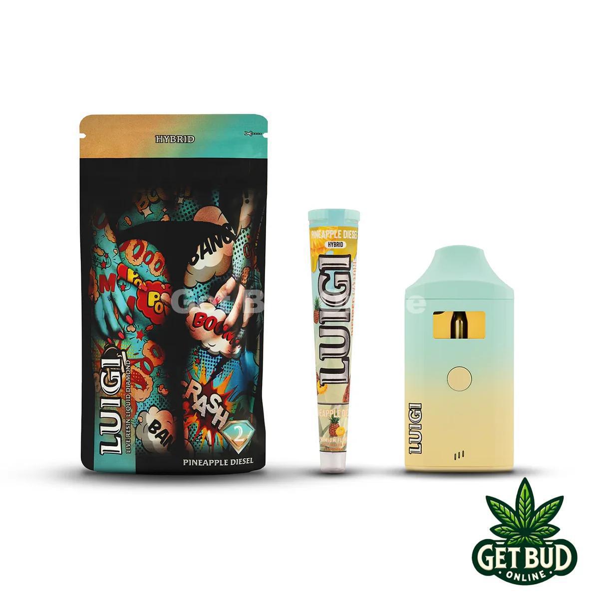 30466124-772f-468d-ba9a-32ed24d6112a.jpeg Luigi 2g (Live Resin + Liquid Diamond) Disposable Vape + Preroll - Pineapple Diesel - Image 1