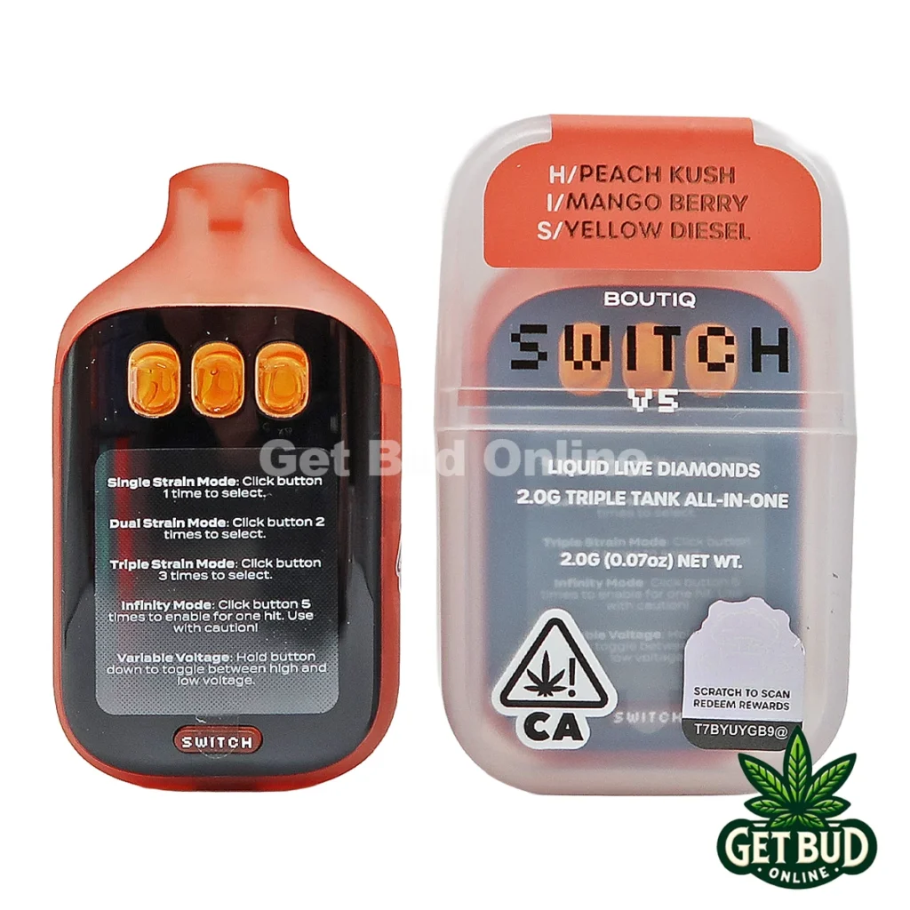 Boutiq Switch V5 2g Disposable Vape - Peach Kush + Mango Berry + Yellow Diesel