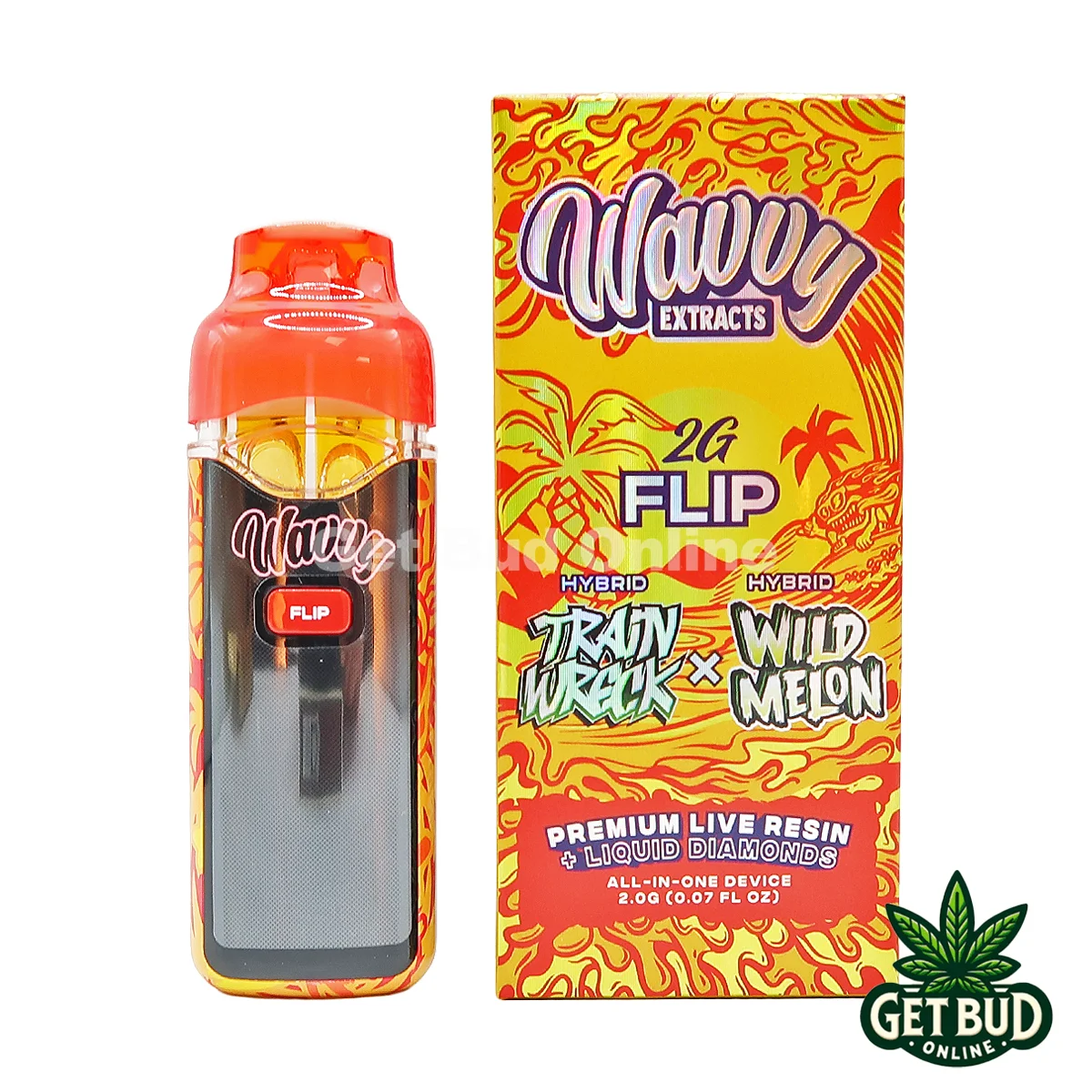 Wavvy 2g Flip- Trainwreck Wild Melon HH 1 Wavvy Flip 2g Live Resin + Liquid Diamond Disposable Vape - Trainwreck + Wild Melon